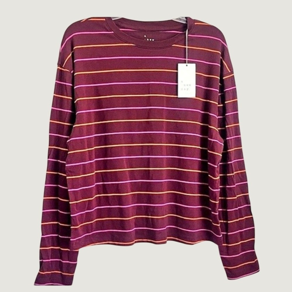 A New Day Womens Large Burgundy Pink Orange Striped Long Sleeve Top NWT